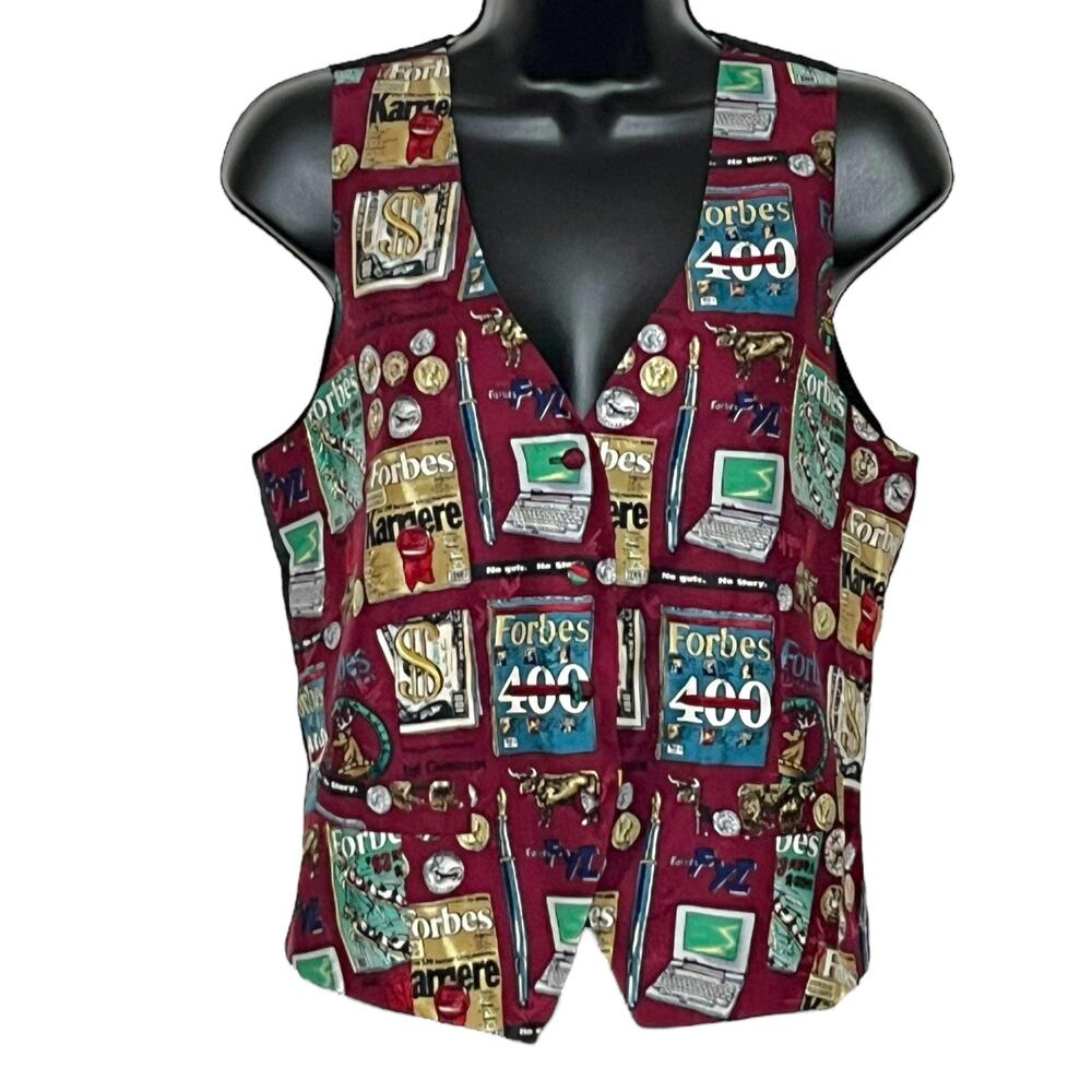 Vtg 90s Nicole Miller Silk Forbes 400 Graphic Vest Sz S Maximalist Novelty Art